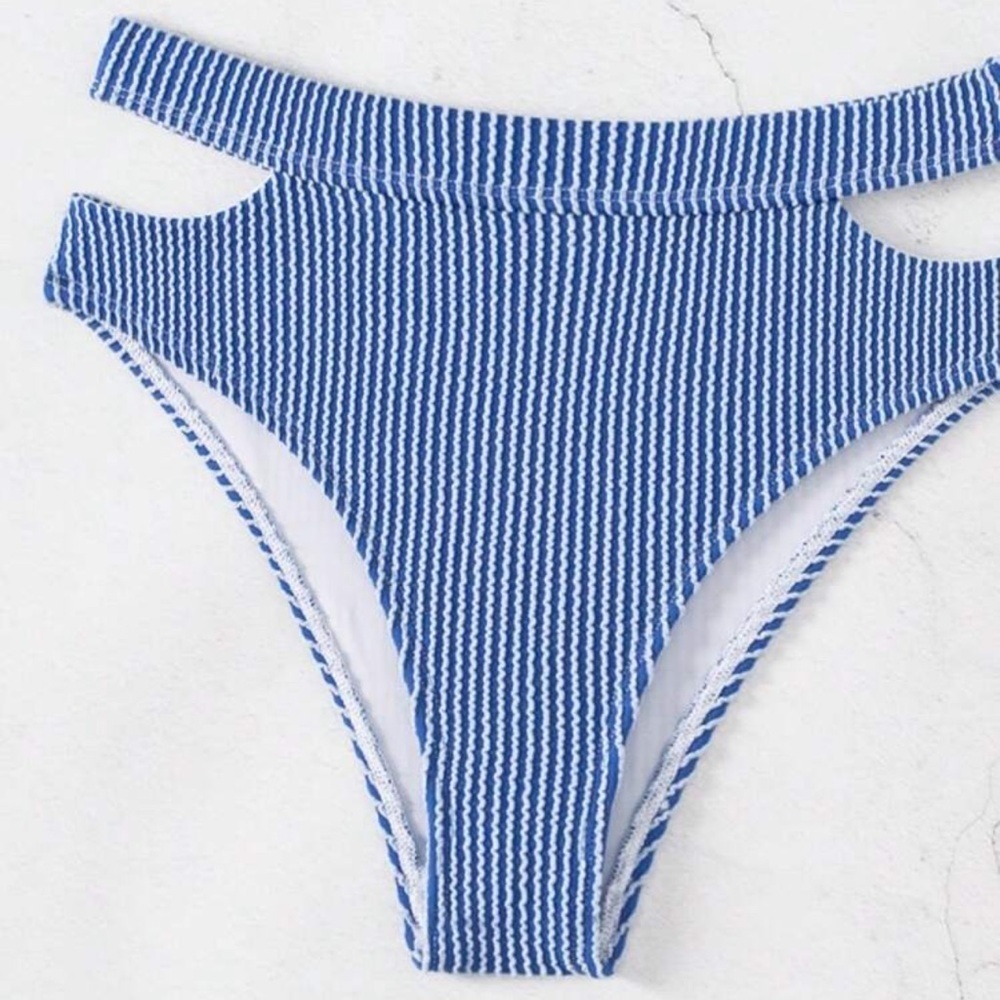 NWT SHEIN Ribbed Blue & White Cutout High-Waist Bikini Set - Size Medium - Picture 5 of 8